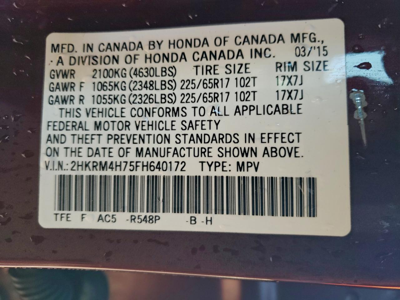 2015 Honda Cr-V Exl VIN: 2HKRM4H75FH640172 Lot: 94752615
