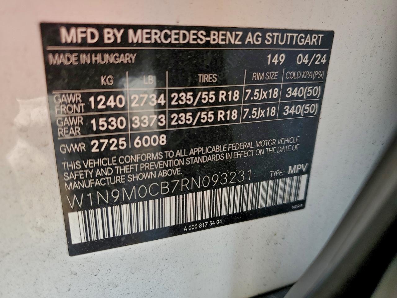 2024 Mercedes-Benz Eqb 250+ VIN: W1N9M0CB7RN093231 Lot: 95088605