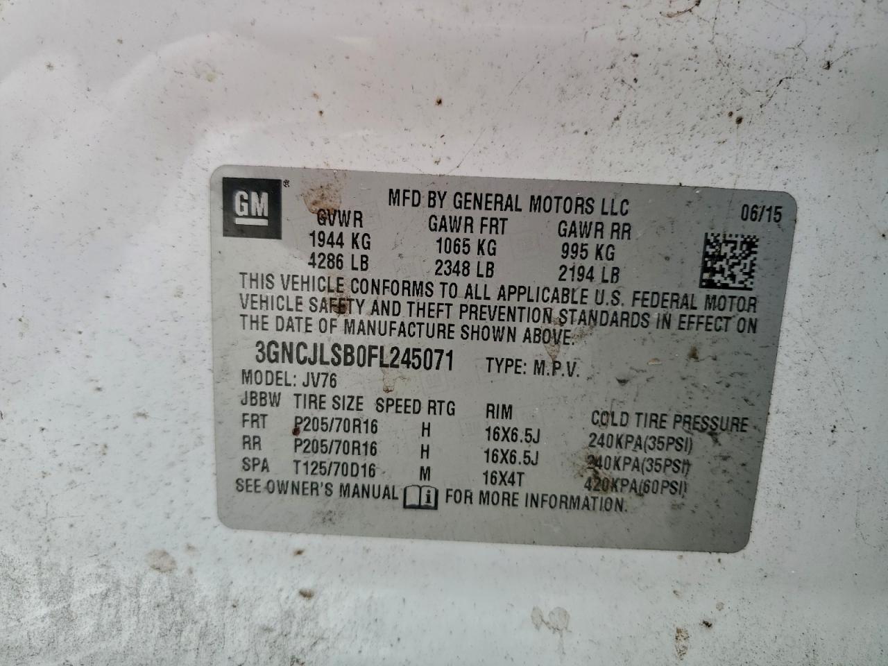 2015 Chevrolet Trax 1Lt VIN: 3GNCJLSB0FL245071 Lot: 97159945