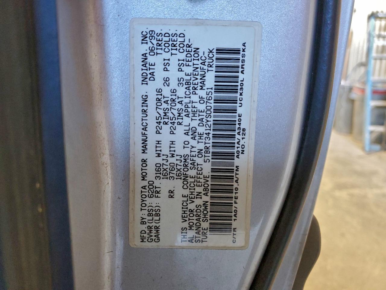 2000 Toyota Tundra Access Cab VIN: 5TBRT3412YS007651 Lot: 96480525