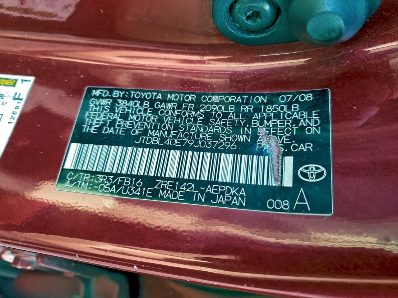 2009 Toyota Corolla Base VIN: JTDBL40E79J037296 Lot: 94410125