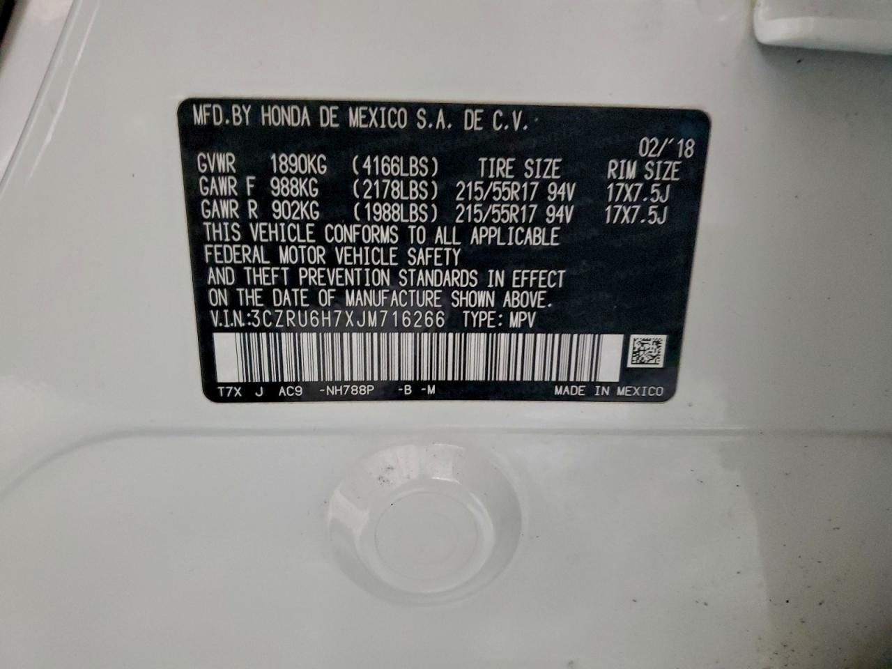 2018 Honda Hr-V Exl VIN: 3CZRU6H7XJM716266 Lot: 95029925