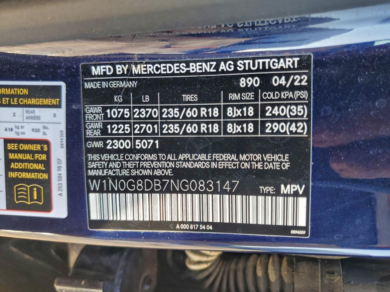 2022 Mercedes-Benz Glc 300 VIN: W1N0G8DB7NG083147 Lot: 96079985