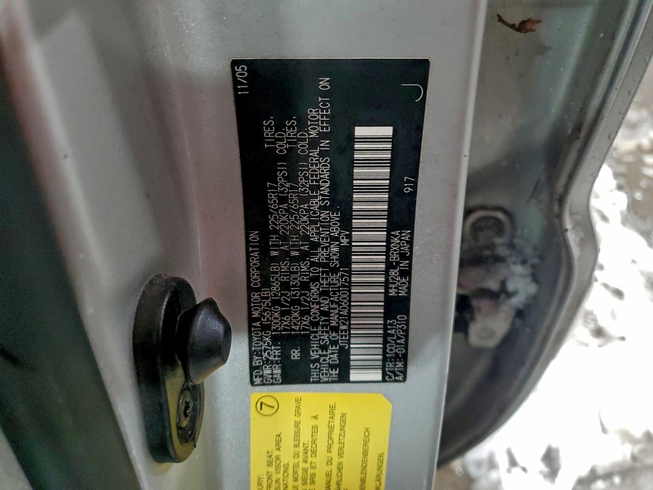 2006 Toyota Highlander Hybrid VIN: JTEEW21A060017571 Lot: 95510025