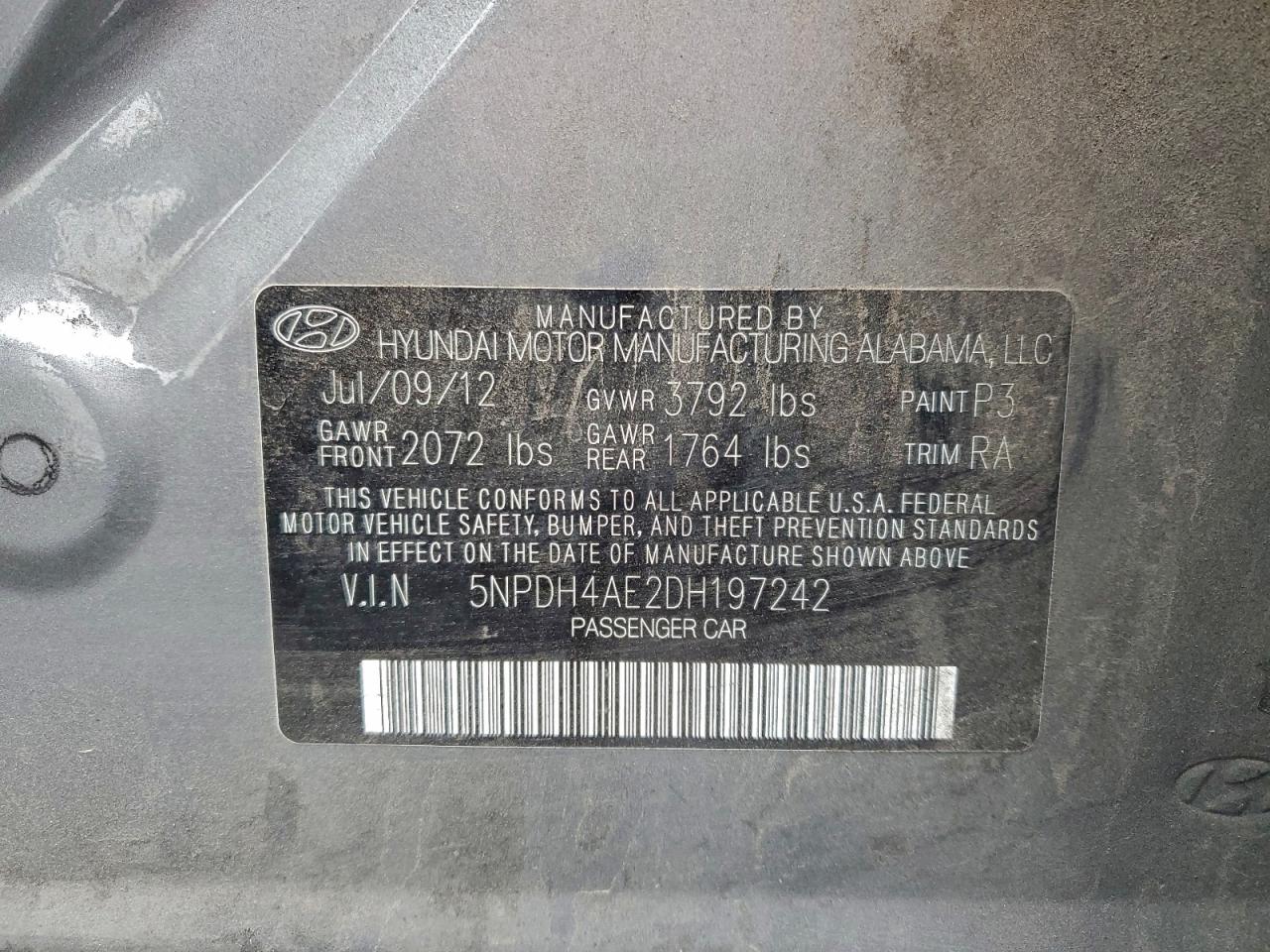 2013 Hyundai Elantra Gls VIN: 5NPDH4AE2DH197242 Lot: 96817565