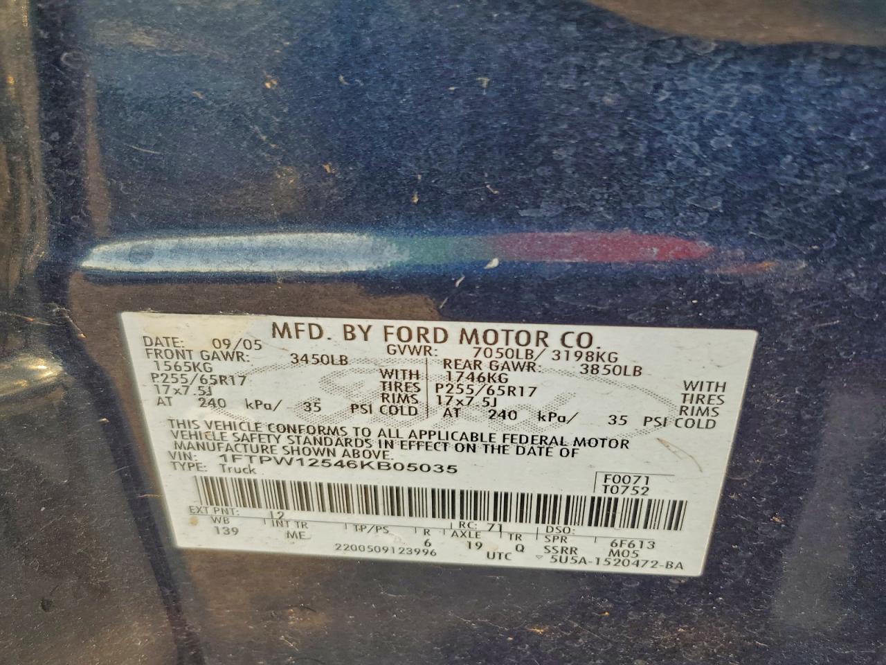 2006 Ford F150 Supercrew VIN: 1FTPW12546KB05035 Lot: 94497275