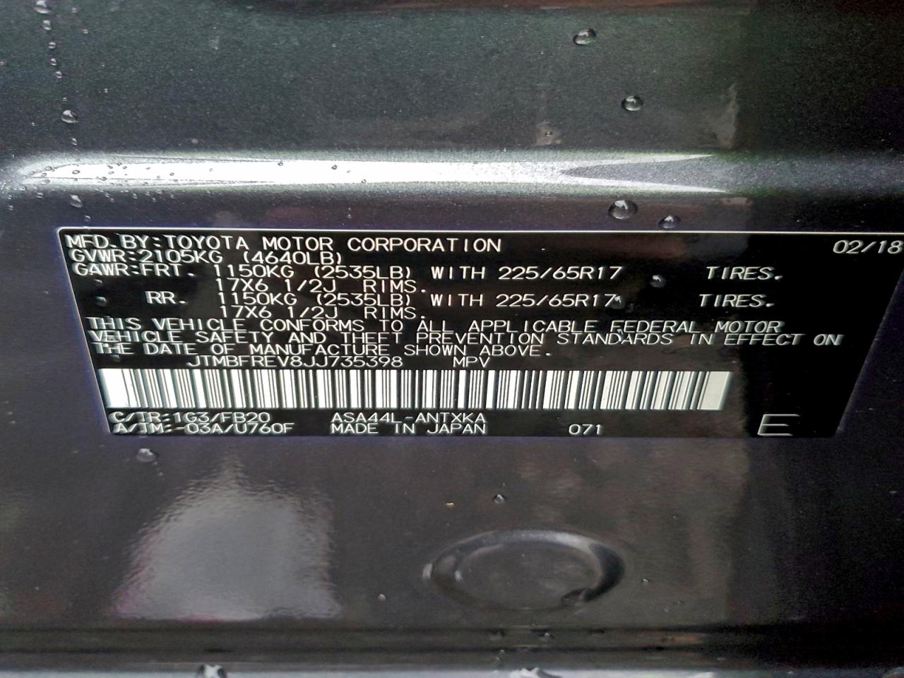 2018 Toyota Rav4 Le VIN: JTMBFREV8JJ735398 Lot: 95087225