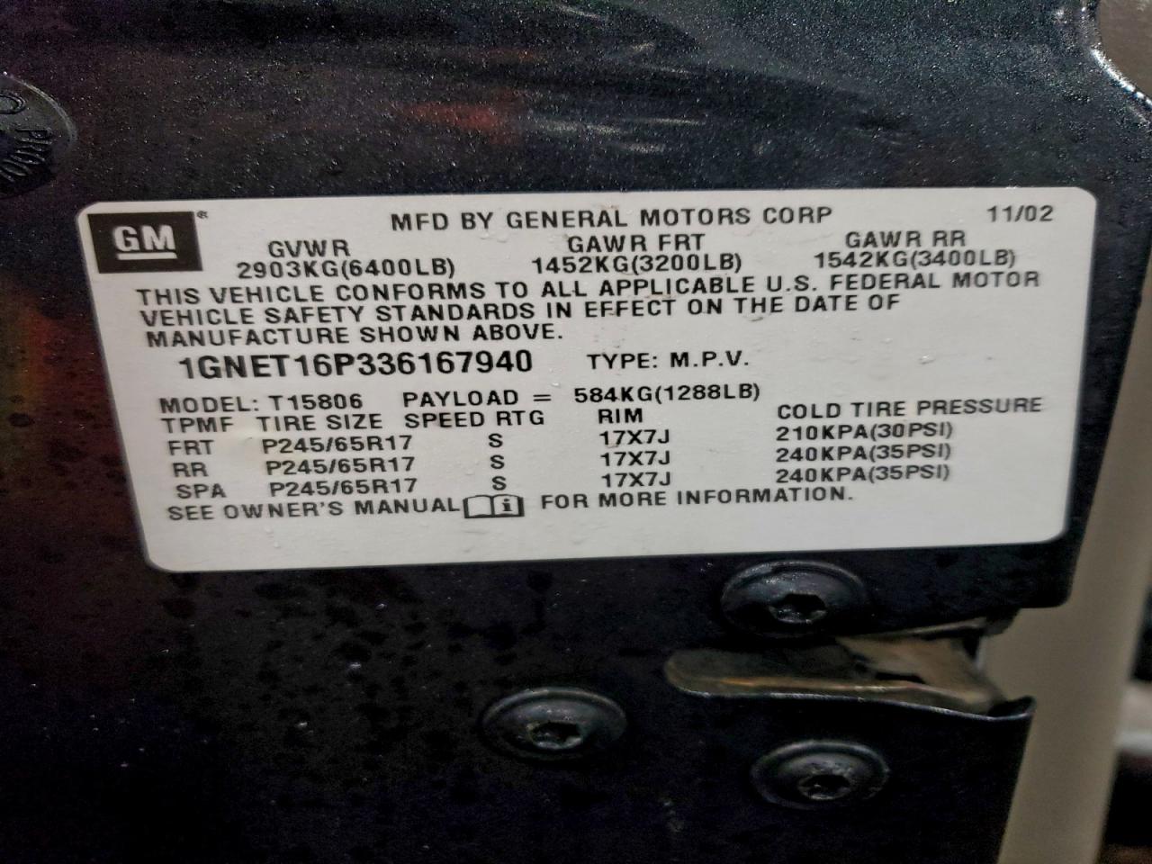 2003 Chevrolet Trailblazer Ext VIN: 1GNET16P336167940 Lot: 95017035