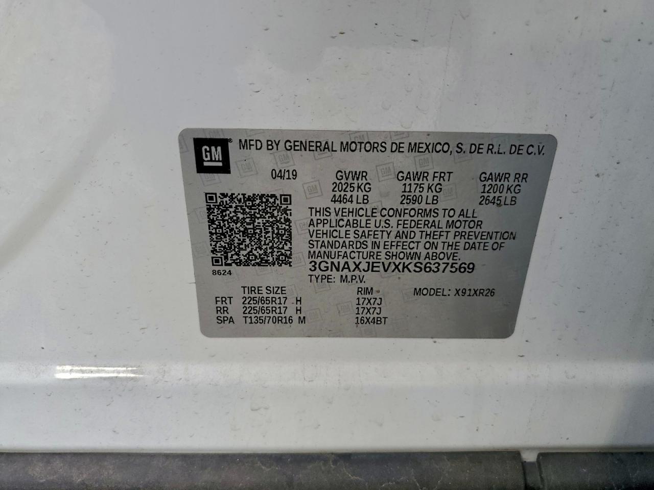 2019 Chevrolet Equinox Lt VIN: 3GNAXJEVXKS637569 Lot: 94786425