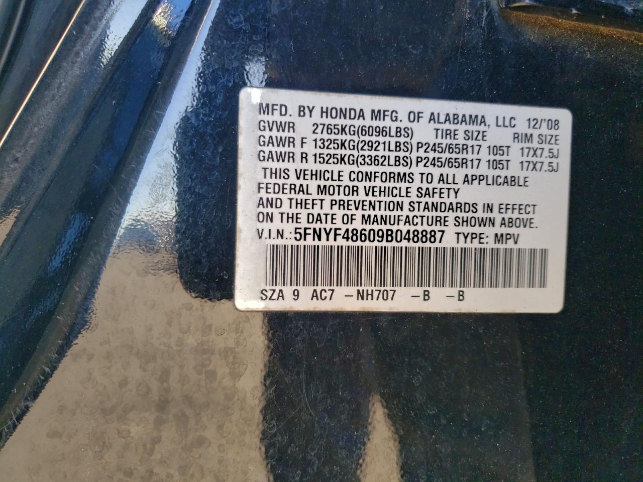 2009 Honda Pilot Exl VIN: 5FNYF48609B048887 Lot: 95124025