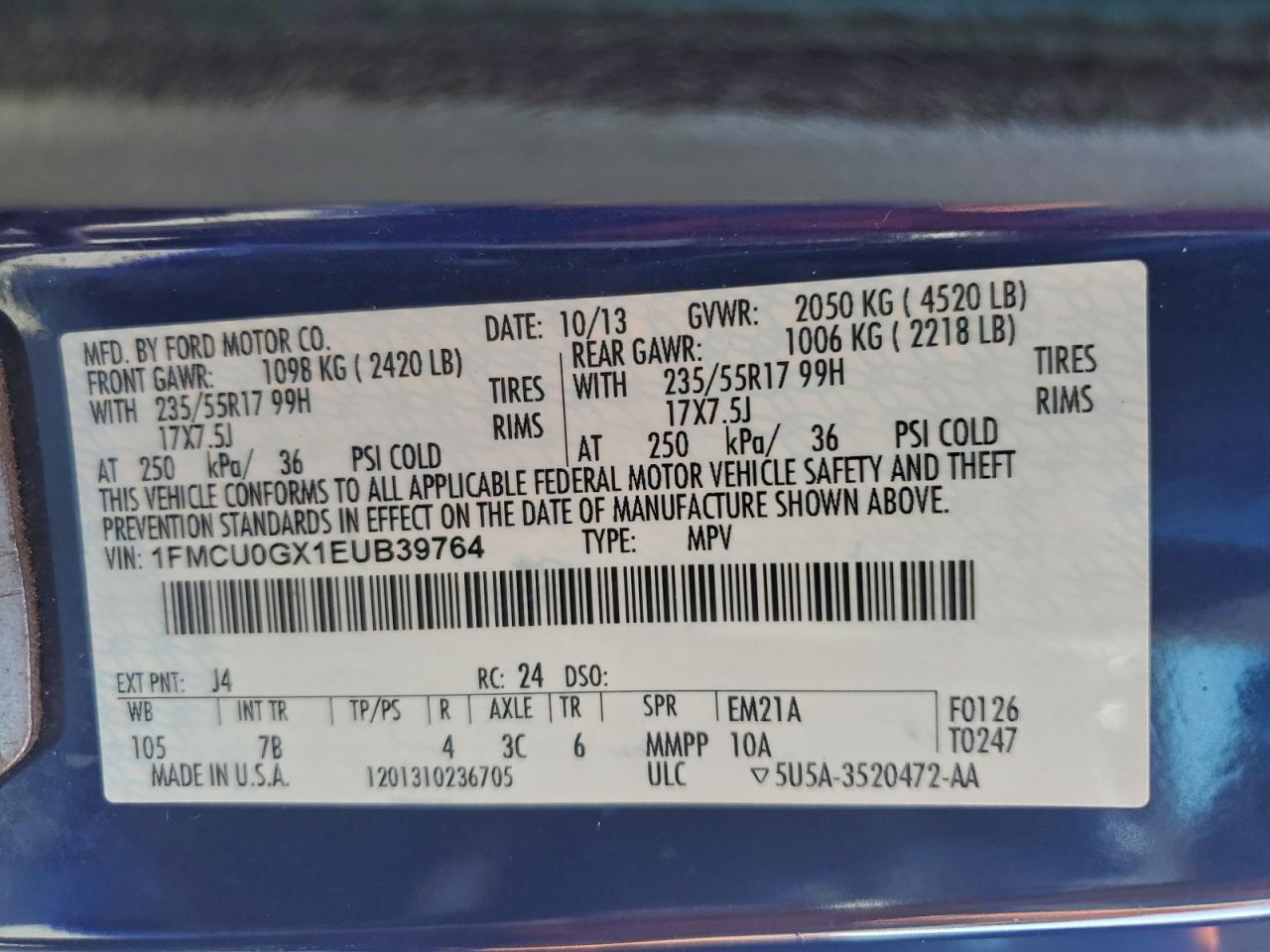 2014 Ford Escape Se VIN: 1FMCU0GX1EUB39764 Lot: 95255525