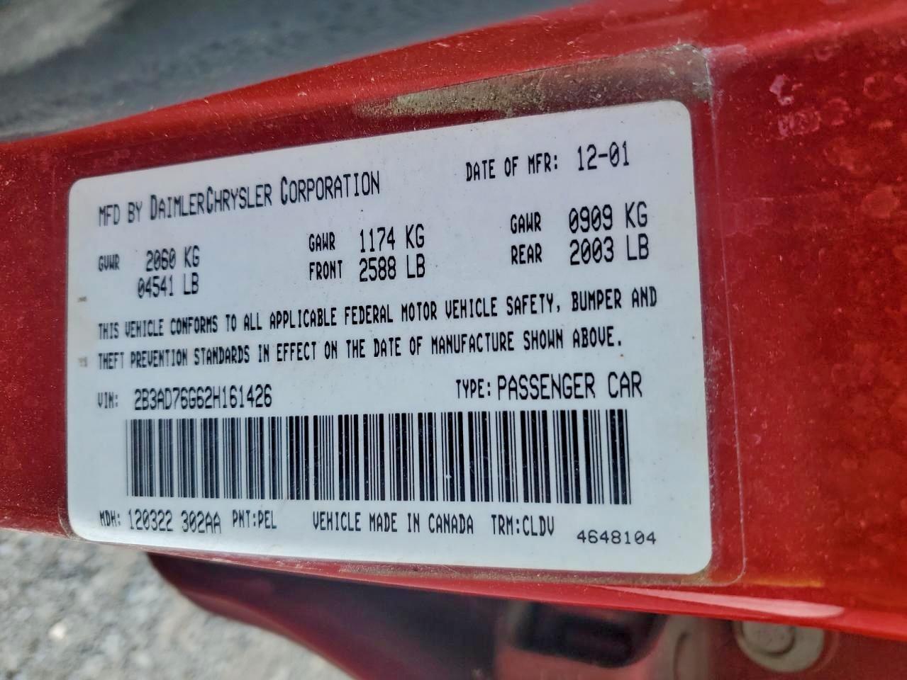 2002 Dodge Intrepid R/T VIN: 2B3AD76G62H161426 Lot: 95652595