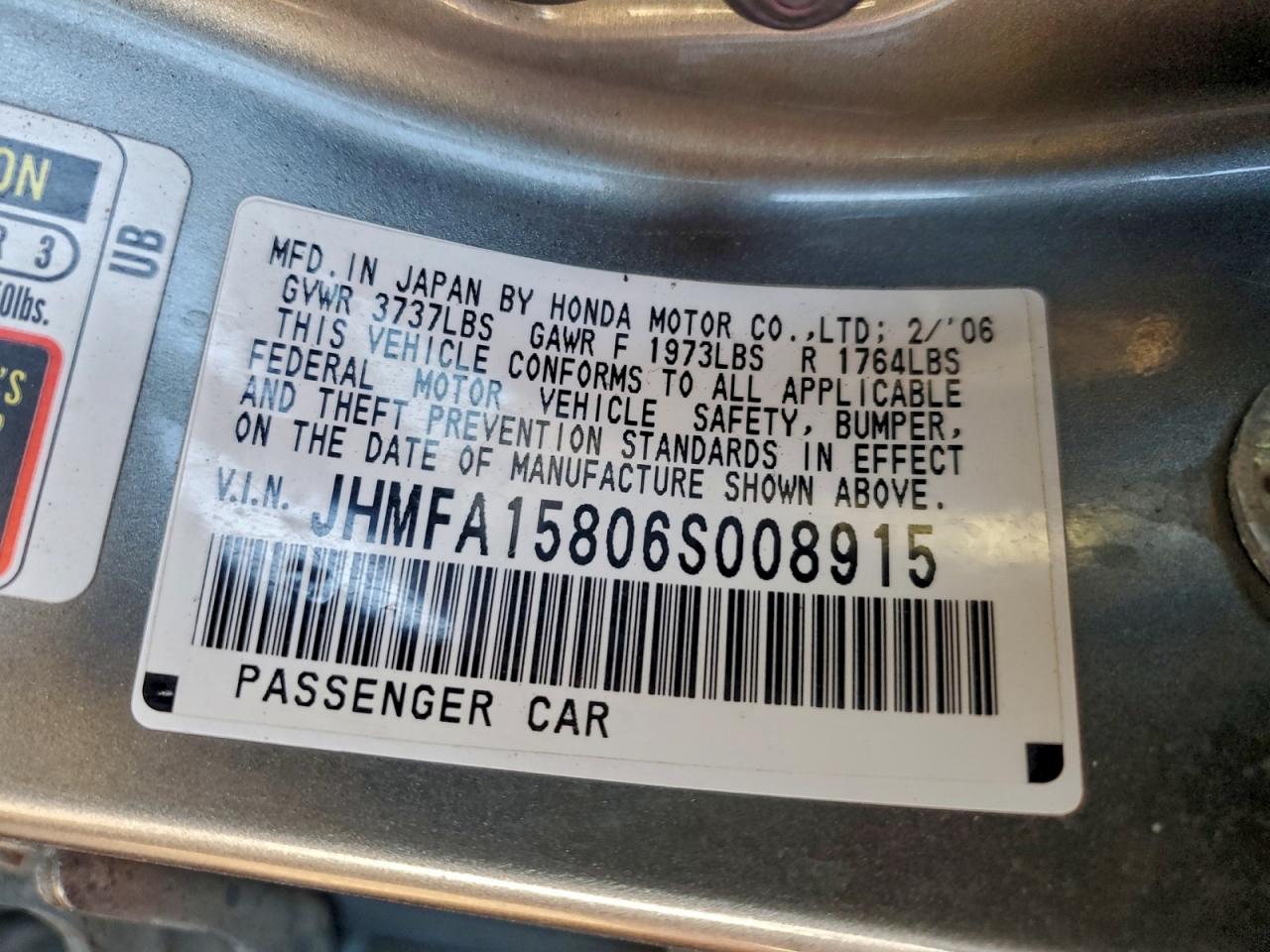 2006 Honda Civic Ex VIN: JHMFA15806S008915 Lot: 94973695