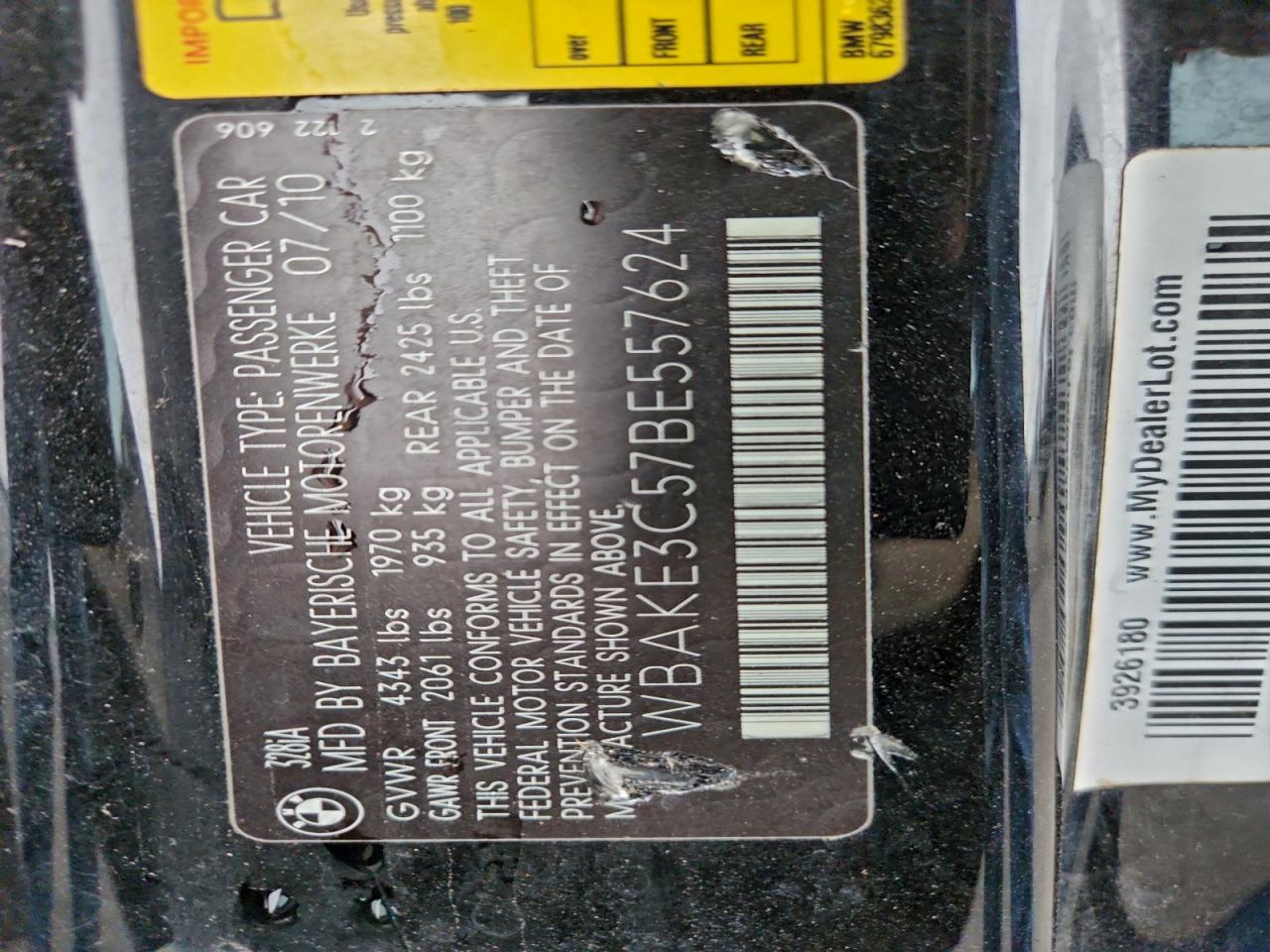 2011 BMW 328 I VIN: WBAKE3C57BE557624 Lot: 95664425