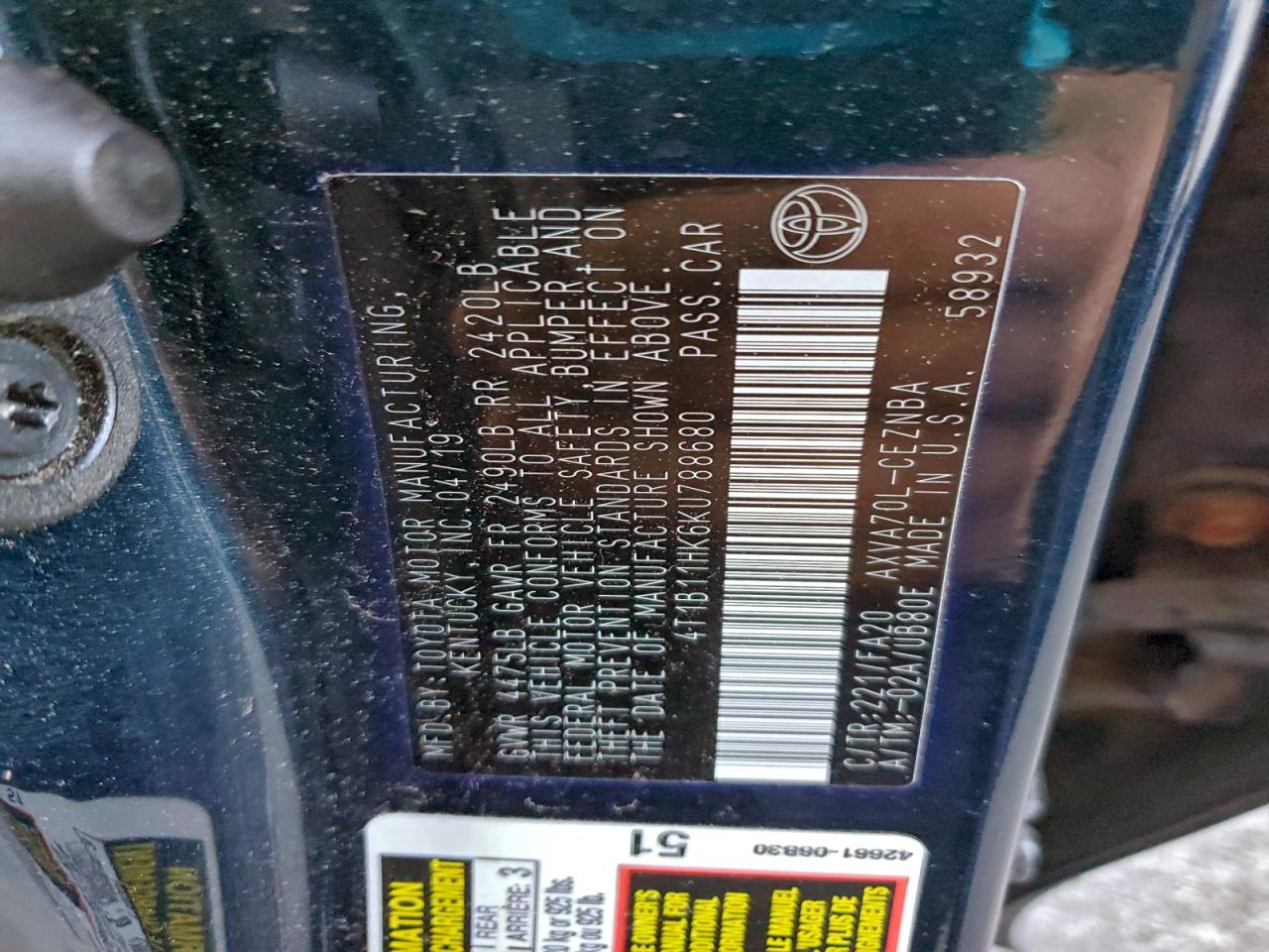 2019 Toyota Camry L VIN: 4T1B11HK6KU788680 Lot: 93457865