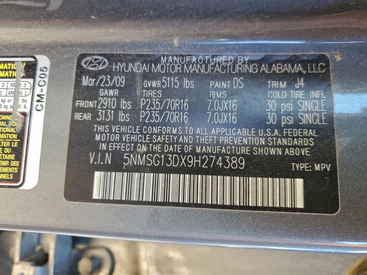 2009 Hyundai Santa Fe Gls VIN: 5NMSG13DX9H274389 Lot: 96847635