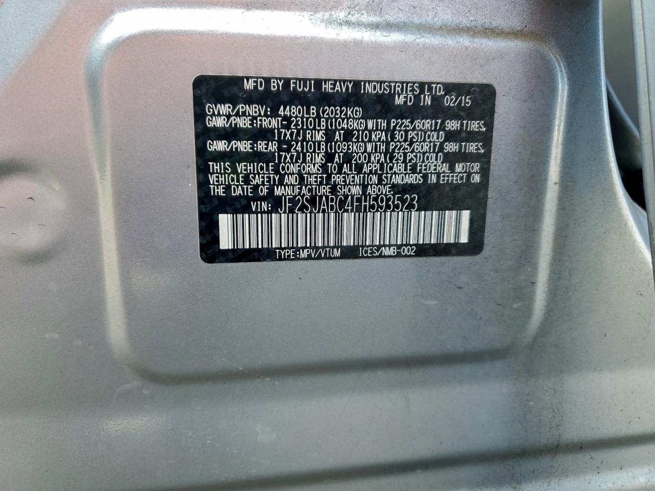 2015 Subaru Forester 2.5I VIN: JF2SJABC4FH593523 Lot: 94731595