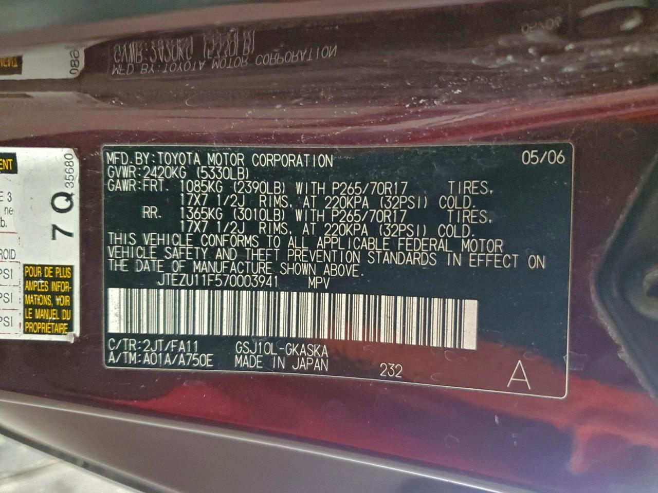 2007 Toyota Fj Cruiser VIN: JTEZU11F570003941 Lot: 96149985