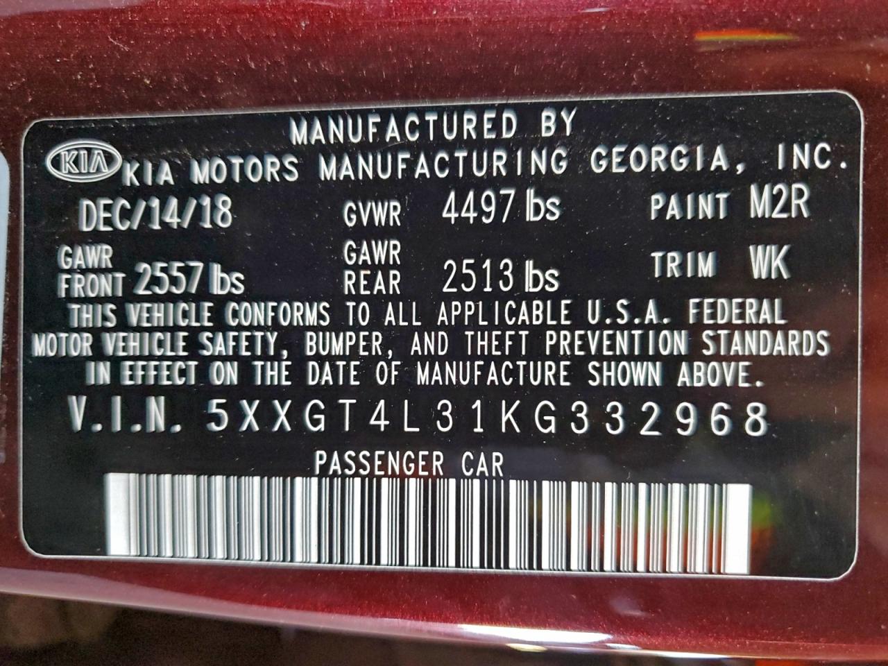 2019 Kia Optima Lx VIN: 5XXGT4L31KG332968 Lot: 96130955