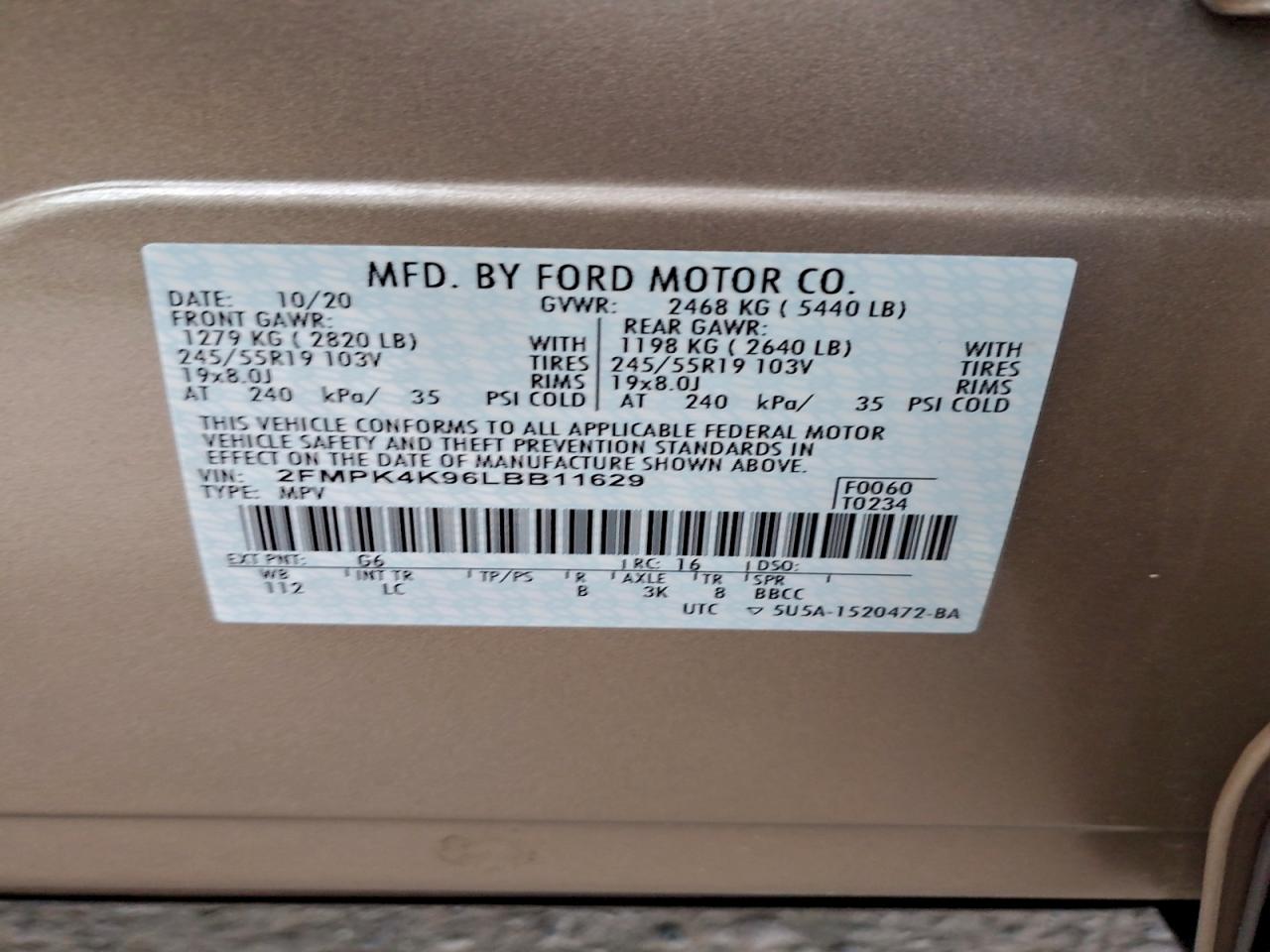 2020 Ford Edge Titanium VIN: 2FMPK4K96LBB11629 Lot: 95486305