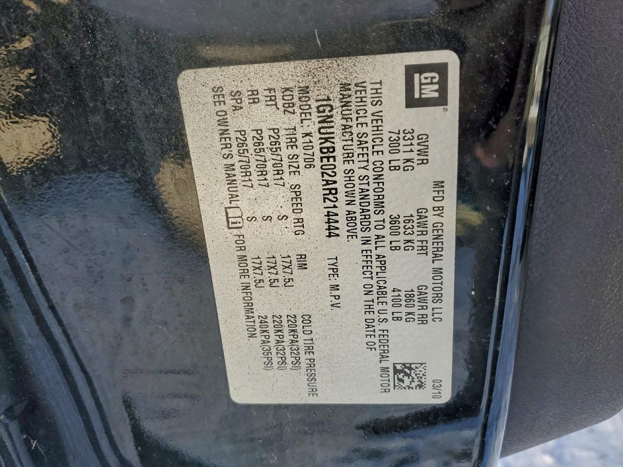 2010 Chevrolet Tahoe K1500 Lt VIN: 1GNUKBE02AR214444 Lot: 96100045