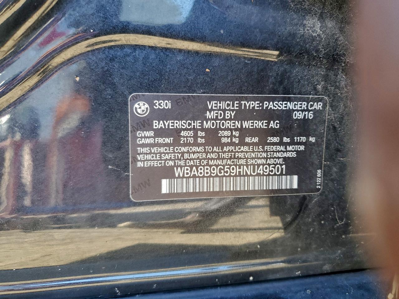 2017 BMW 330 I VIN: WBA8B9G59HNU49501 Lot: 95804665