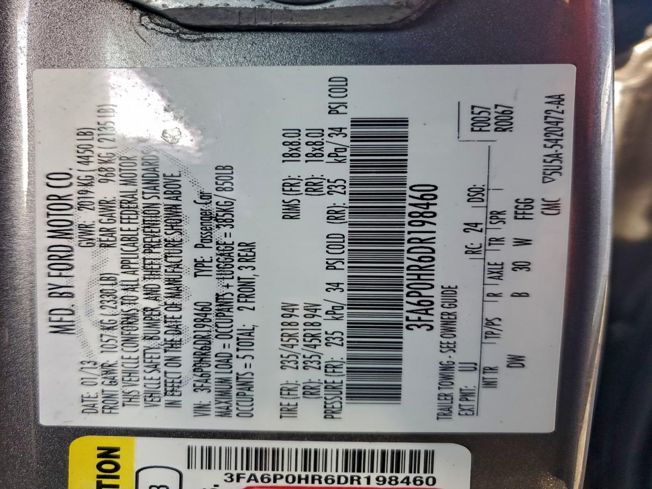 2013 Ford Fusion Se VIN: 3FA6P0HR6DR198460 Lot: 95254155