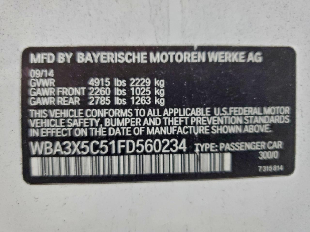 2015 BMW 328 Xigt VIN: WBA3X5C51FD560234 Lot: 96452545