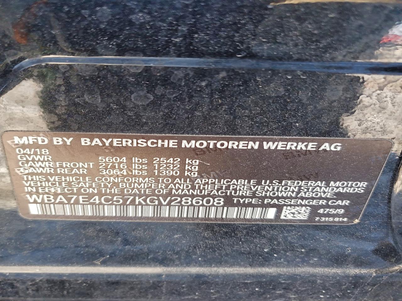 2019 BMW 740 Xi VIN: WBA7E4C57KGV28608 Lot: 94794025