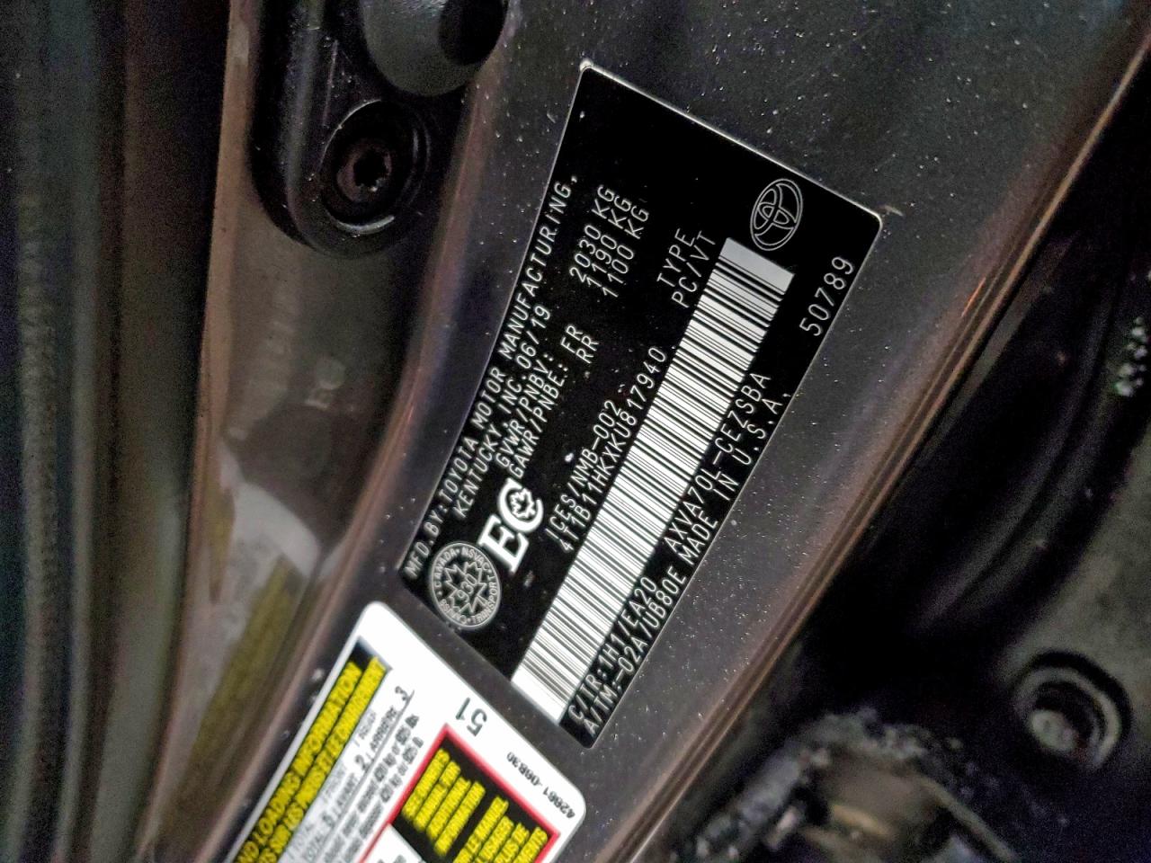 2019 Toyota Camry L VIN: 4T1B11HKXKU817940 Lot: 95393785