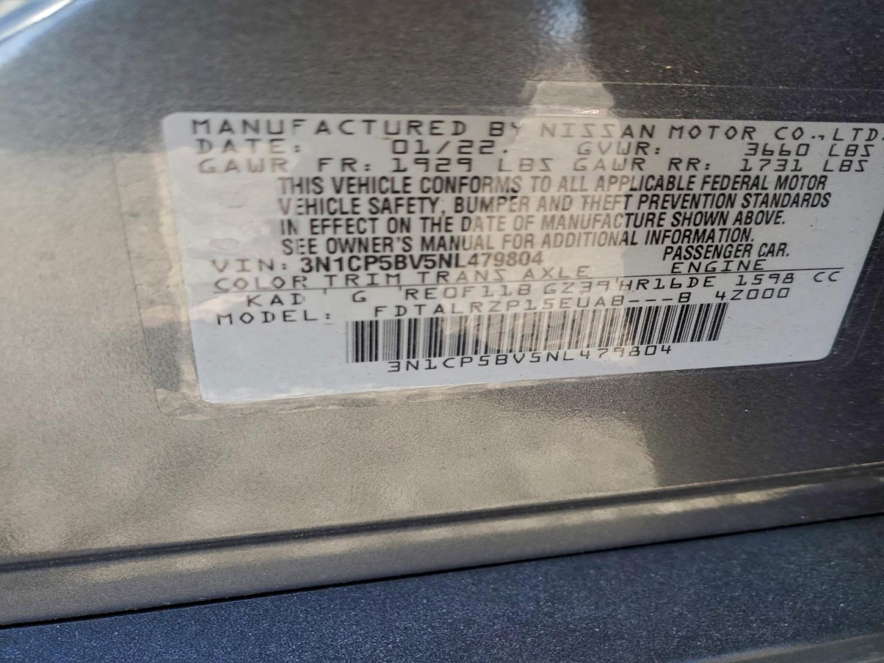 2022 Nissan Kicks S VIN: 3N1CP5BV5NL479804 Lot: 96566635