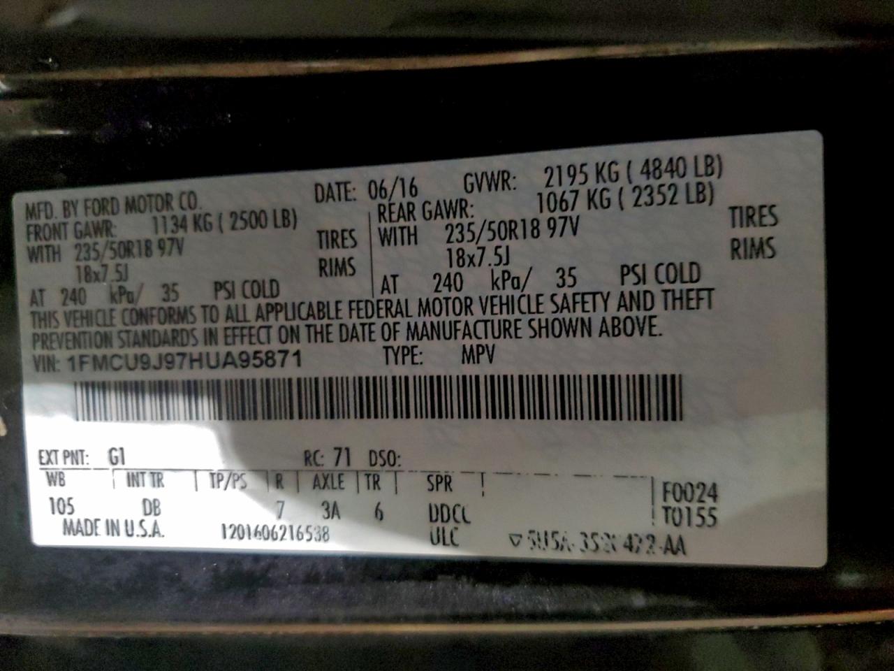 2017 Ford Escape Titanium VIN: 1FMCU9J97HUA95871 Lot: 95651655