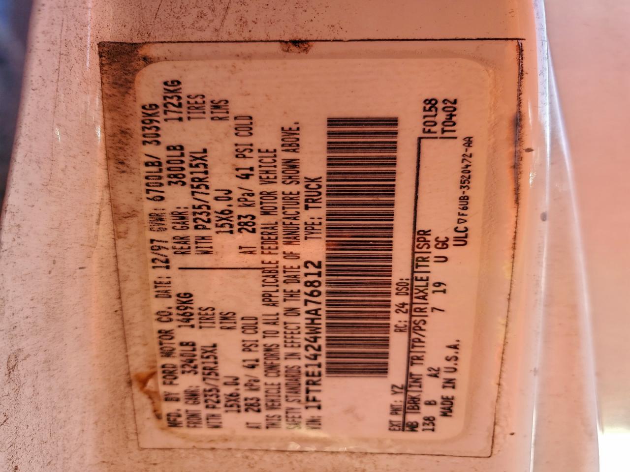 1998 Ford Econoline E150 Van VIN: 1FTRE1424WHA76812 Lot: 96142585