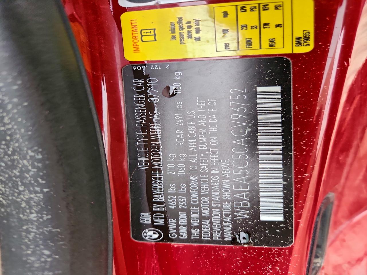 2010 BMW 650 I VIN: WBAEA5C50ACV93752 Lot: 97184675