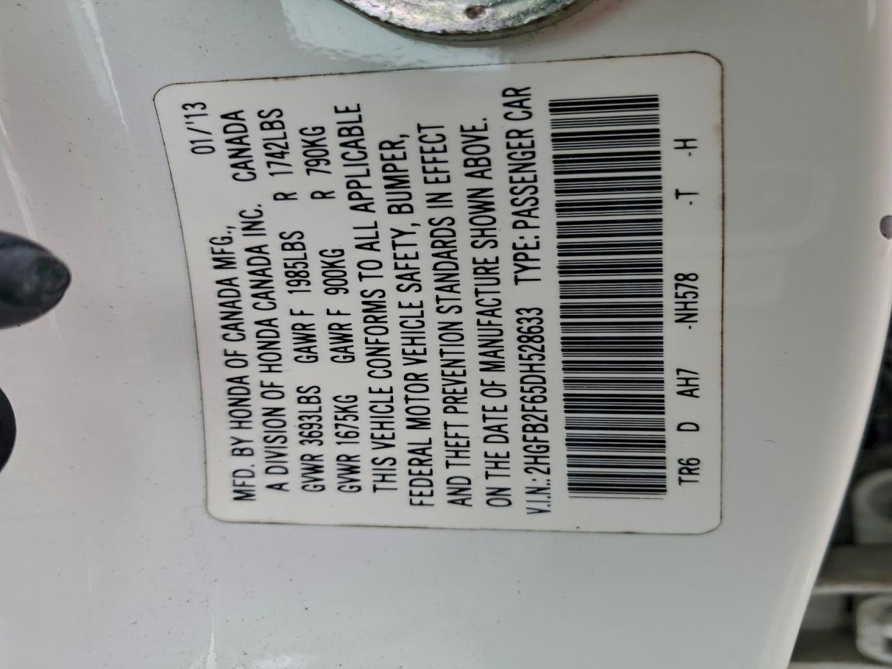 2013 Honda Civic Hf VIN: 2HGFB2F65DH528633 Lot: 94184095