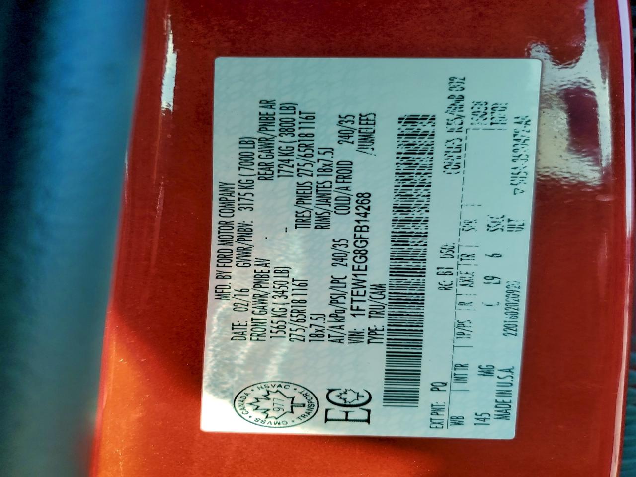 2016 Ford F150 Supercrew VIN: 1FTEW1EG8GFB14268 Lot: 94933235