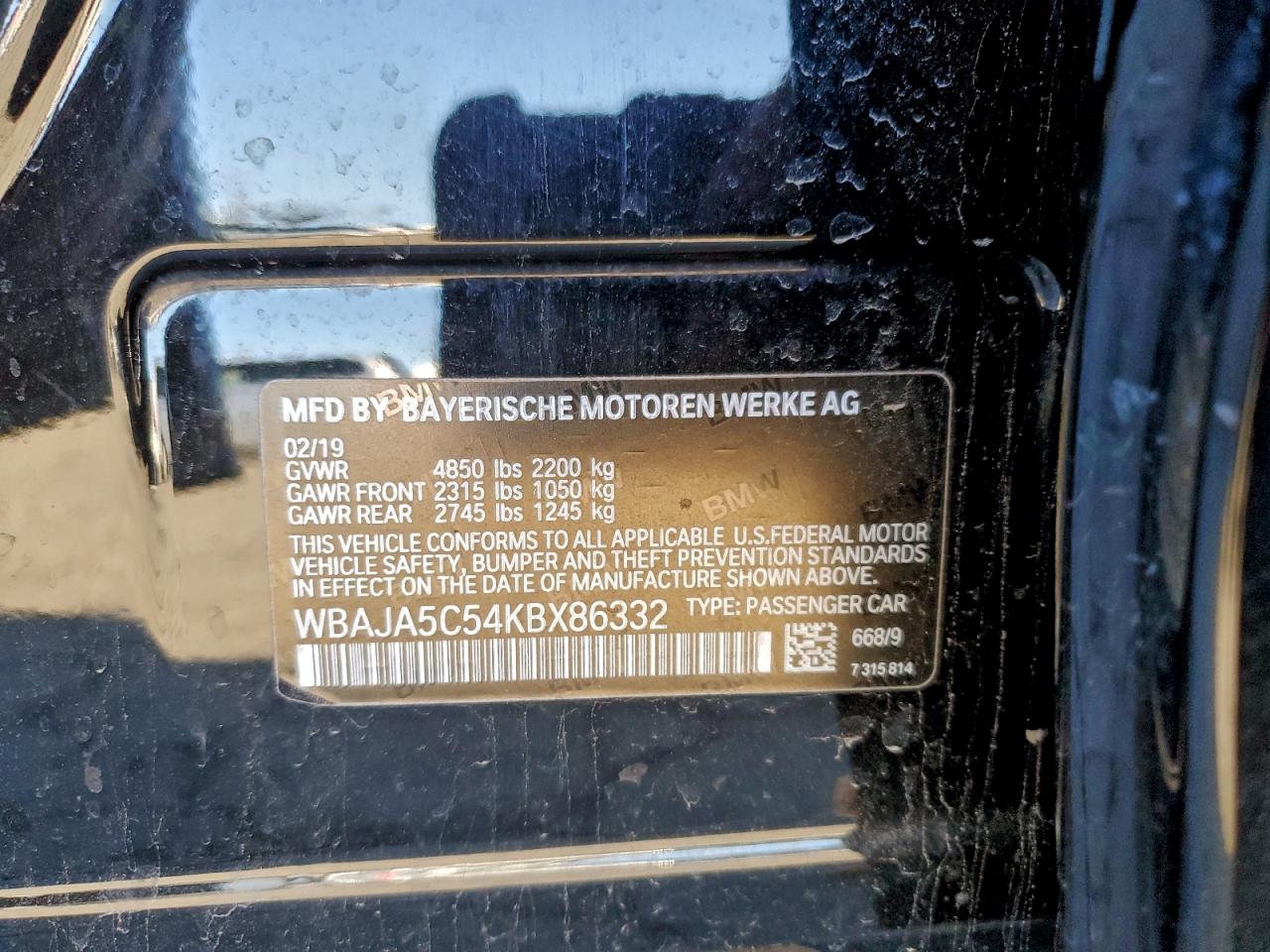 2019 BMW 530 I VIN: WBAJA5C54KBX86332 Lot: 95176185