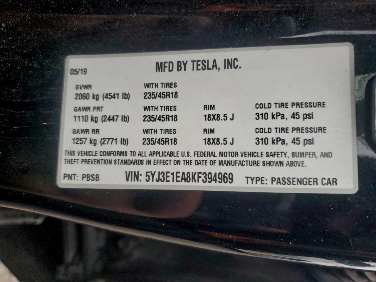 2019 Tesla Model 3 VIN: 5YJ3E1EA8KF394969 Lot: 95470685