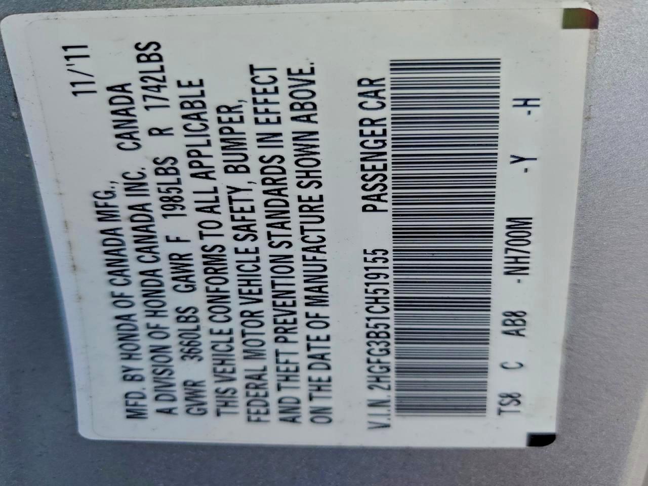 2012 Honda Civic Lx VIN: 2HGFG3B51CH519155 Lot: 95965055