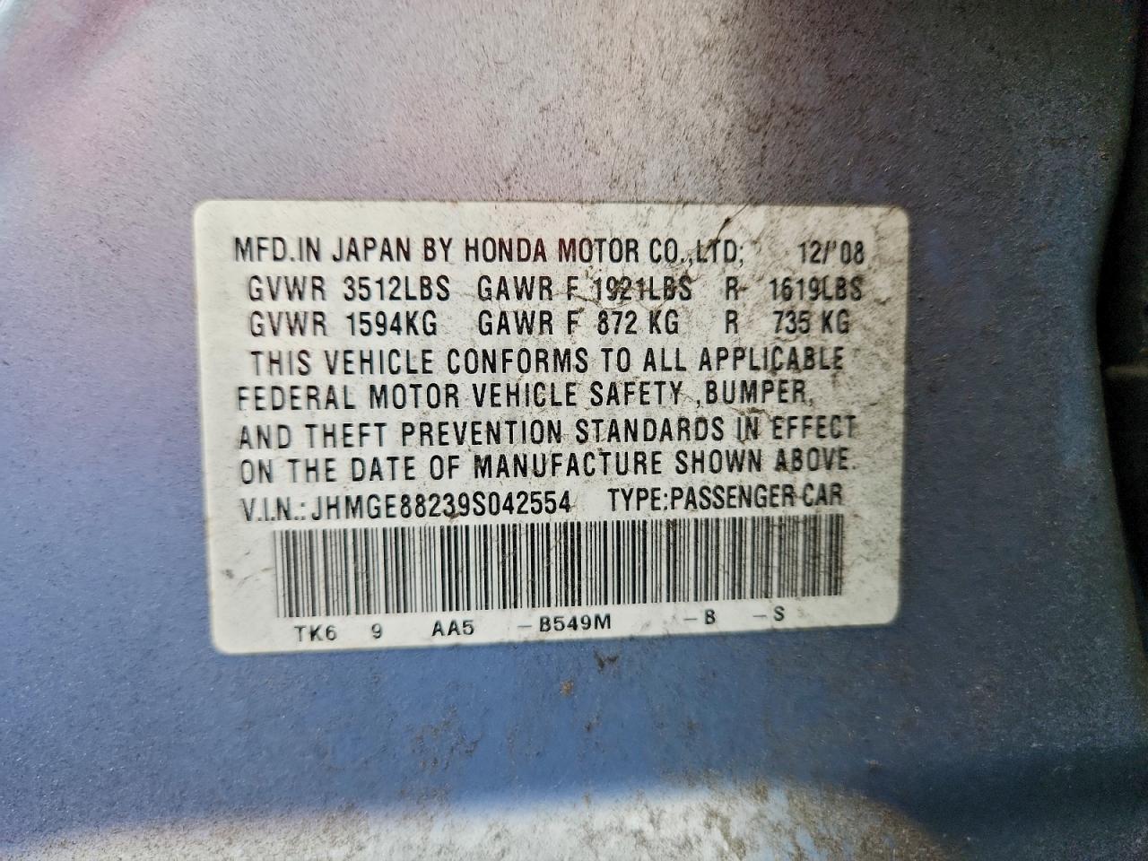 2009 Honda Fit VIN: JHMGE88239S042554 Lot: 96192555