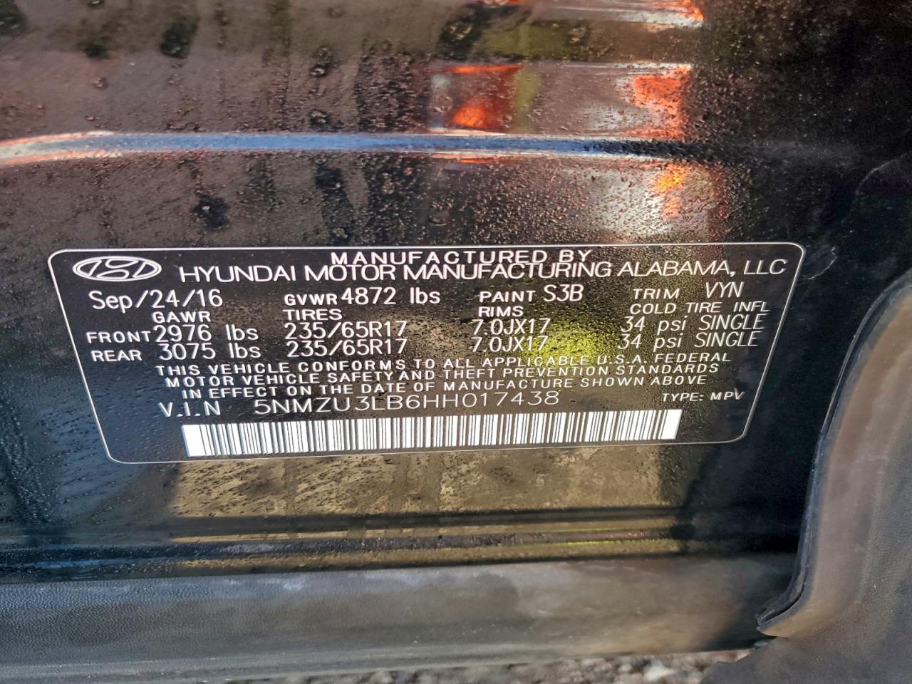 2017 Hyundai Santa Fe Sport VIN: 5NMZU3LB6HH017438 Lot: 96335855