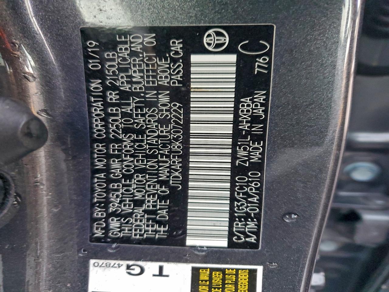 2019 Toyota Prius VIN: JTDKARFU8K3072229 Lot: 94434855