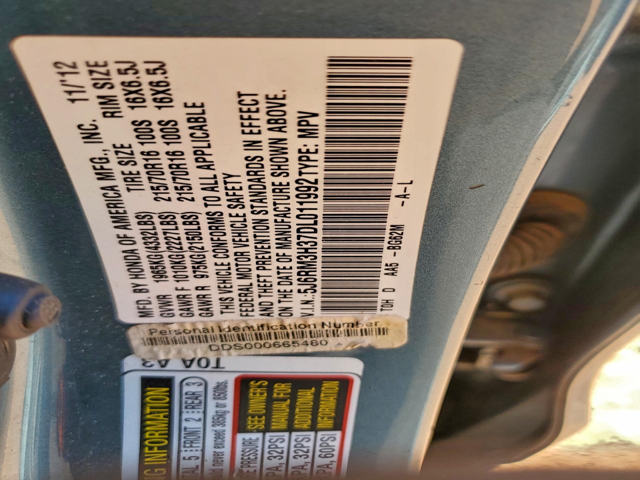 2013 Honda Cr-V Lx VIN: 5J6RM3H37DL011992 Lot: 94801245