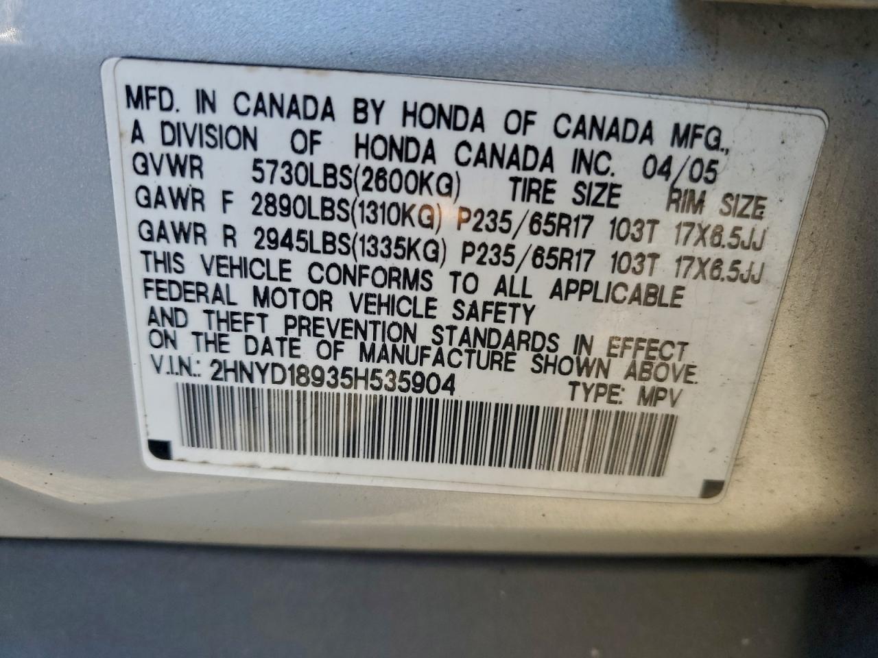 2005 Acura Mdx Touring VIN: 2HNYD18935H535904 Lot: 95270865