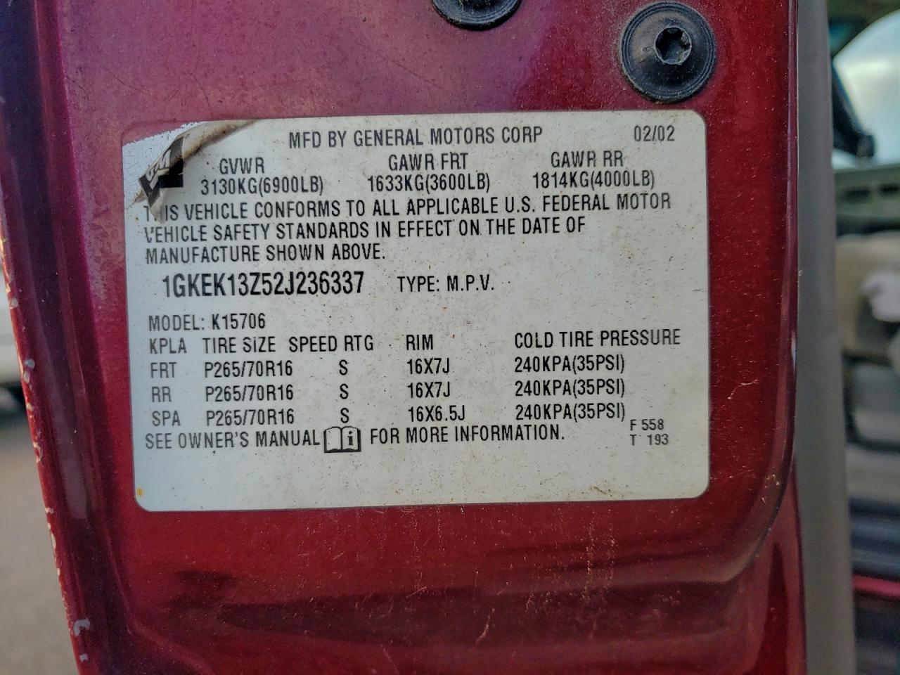 2002 GMC Yukon VIN: 1GKEK13Z52J236337 Lot: 96627575