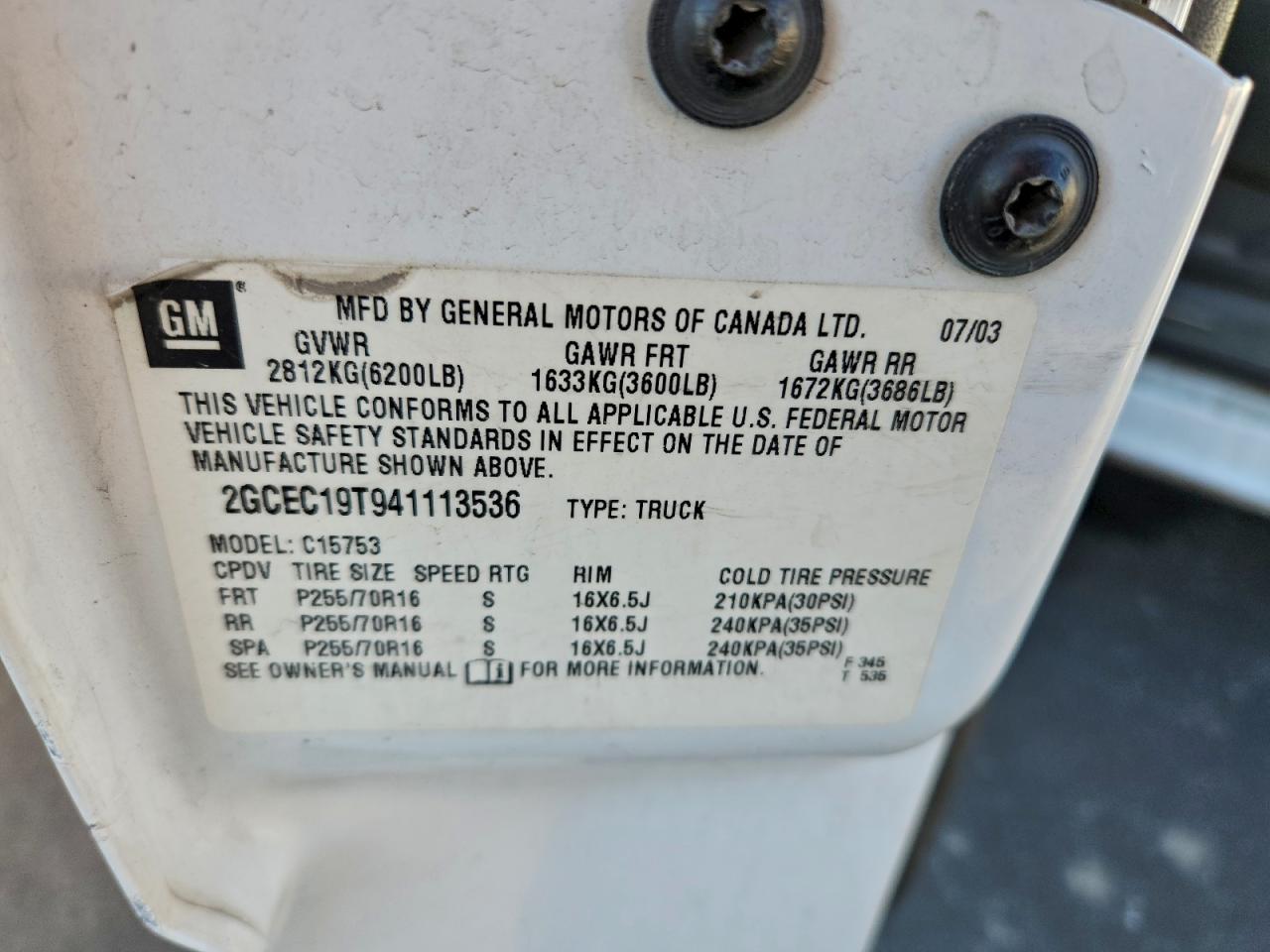 2004 Chevrolet Silverado C1500 VIN: 2GCEC19T941113536 Lot: 96301195