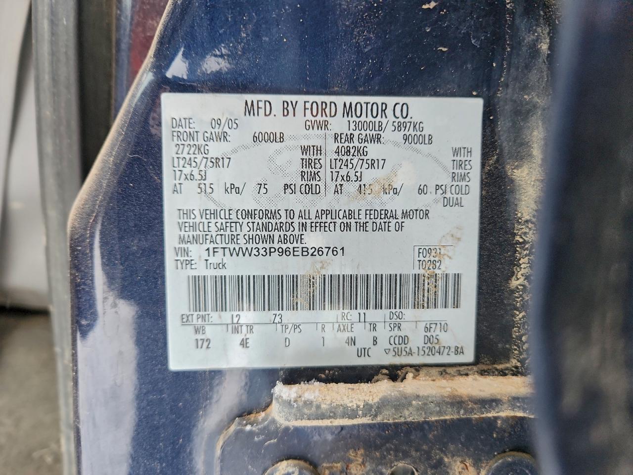 2006 Ford F350 Super Duty VIN: 1FTWW33P96EB26761 Lot: 95507705