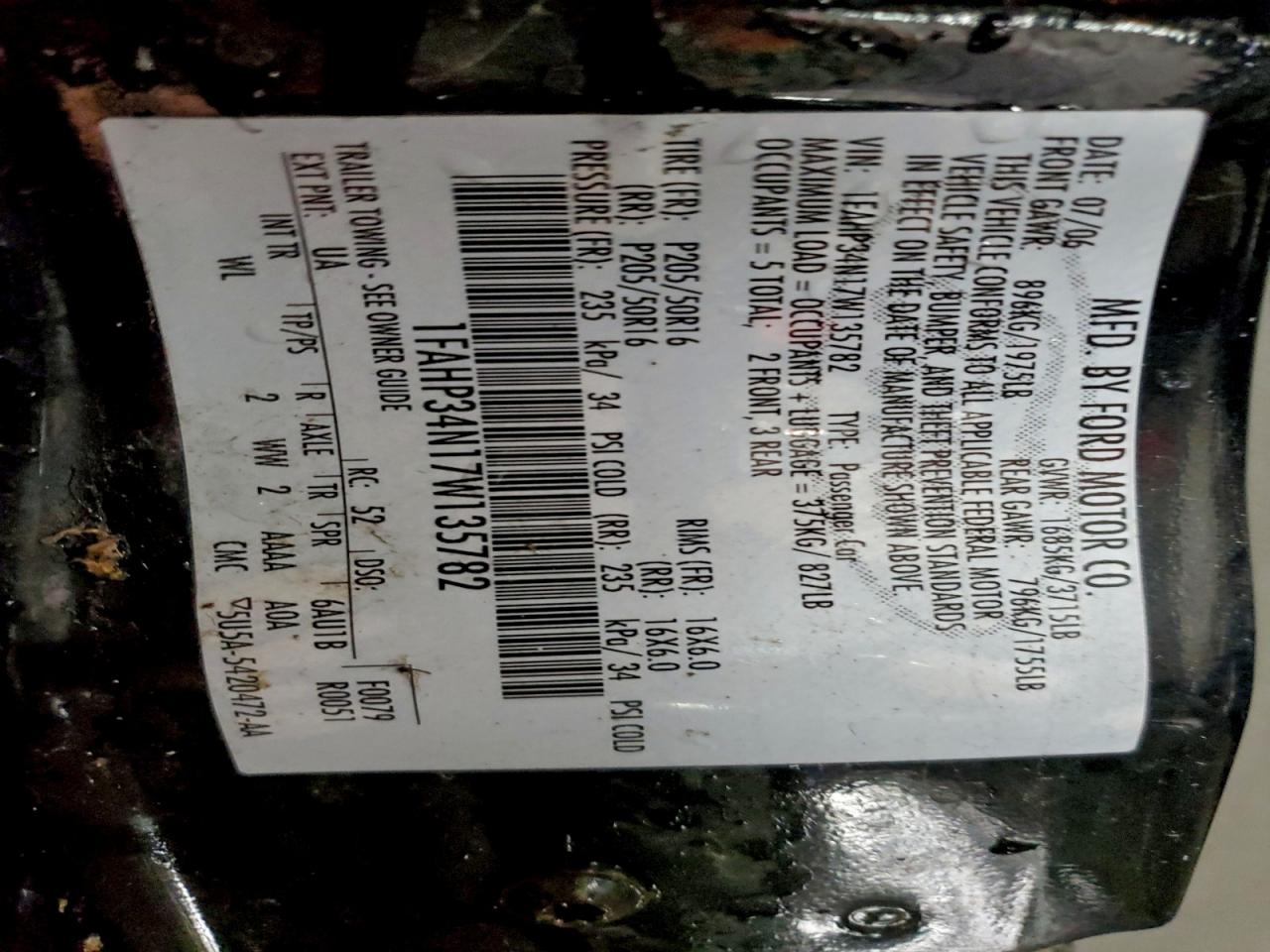 2007 Ford Focus Zx4 VIN: 1FAHP34N17W135782 Lot: 94940715