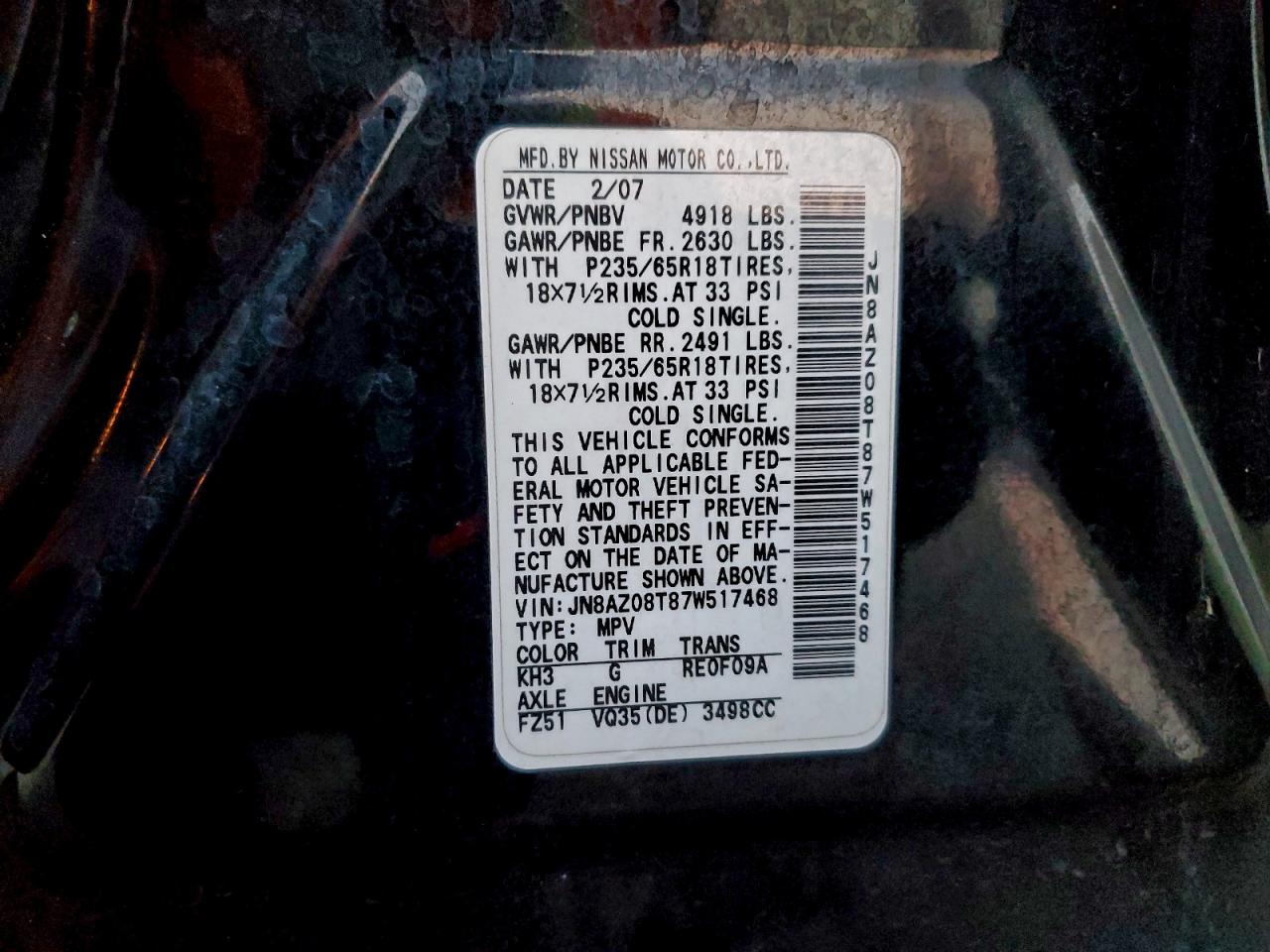 2007 Nissan Murano Sl VIN: JN8AZ08T87W517468 Lot: 94931195