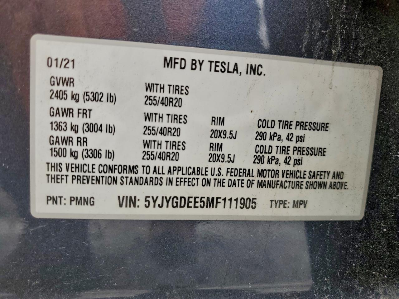 2021 Tesla Model Y VIN: 5YJYGDEE5MF111905 Lot: 93354125